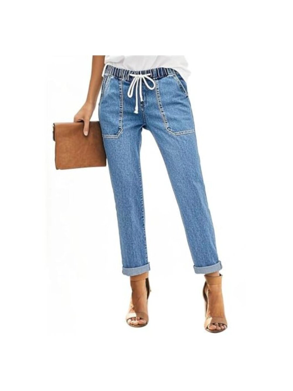 High Waisted Stretch Pull-On Drawstring Jogger Jeans with Pockets